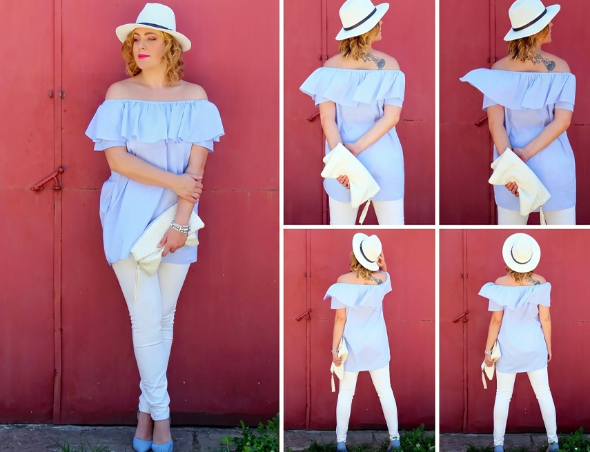 Outfit casual chic: top off the shoulder.