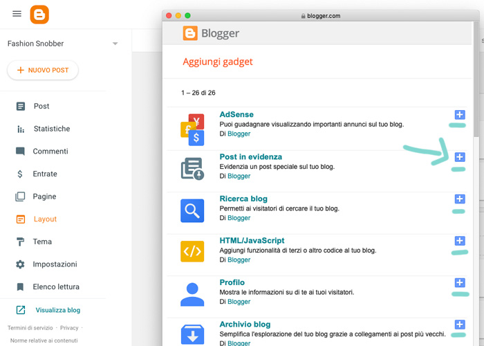 Come aggiungere un gadget in un blog su Blogger.