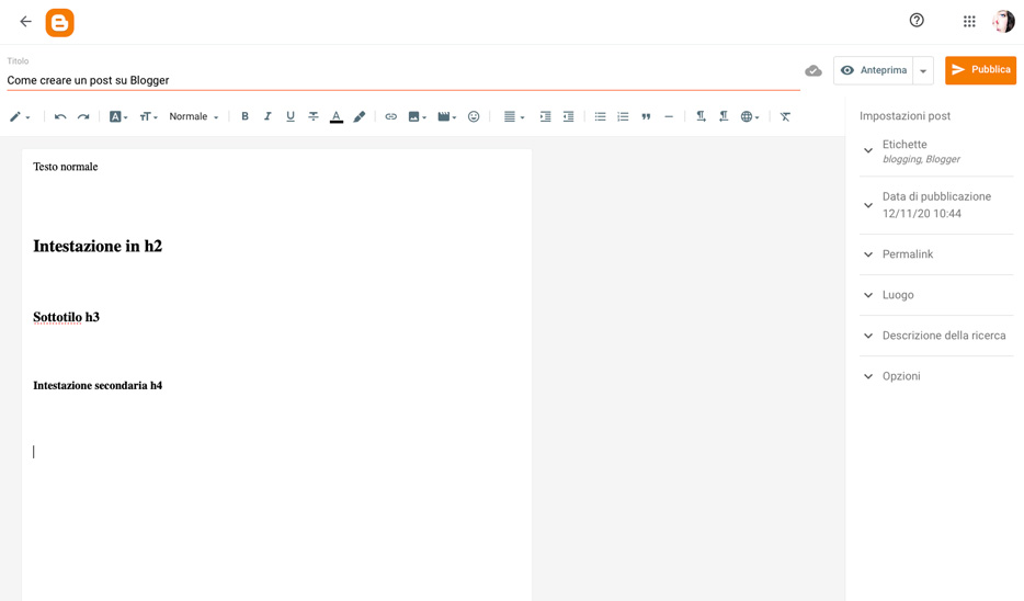 Come creare e scrivere un post.