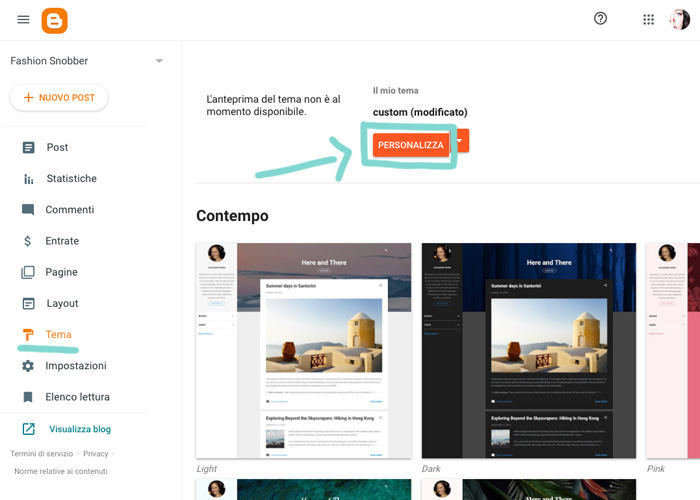 Come gestire la sezione Tema su Blogger.