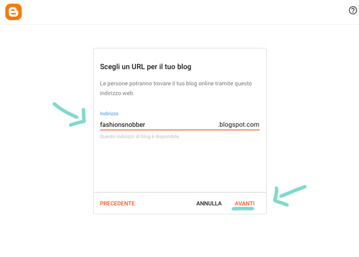 Scegliere URL blog gratuito su Blogger.