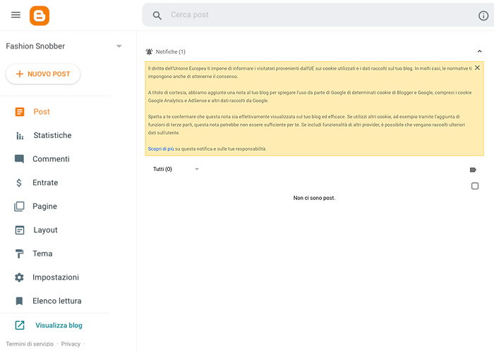 Prima schermata di un blog appena creato su Blogger.