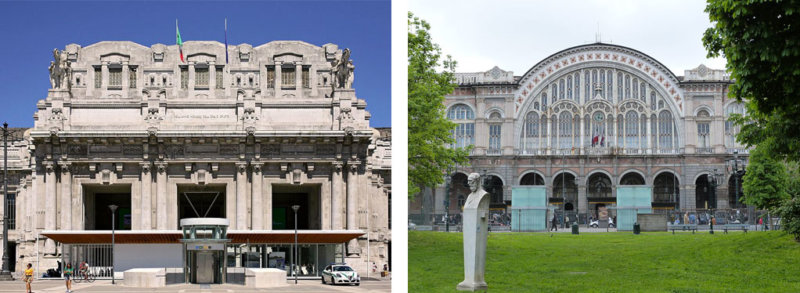 Stazioni centrali dei treni di Milano e Torino.
