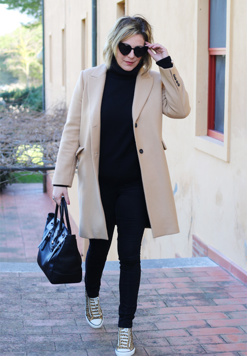 Camel coat casual chic outfit.