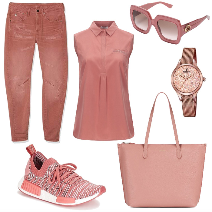 Casual outfit rosa corallo colore di stagione primavera estate 2020.