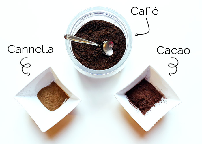 Ingredienti ricetta caffè cacao e cannella.