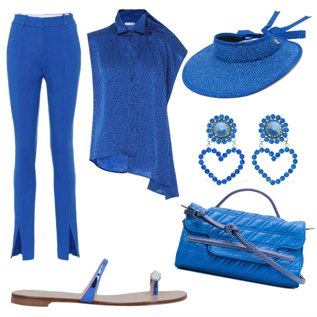 Ispirazione outfit blu francese, colore di stagione primavera estate 2021.