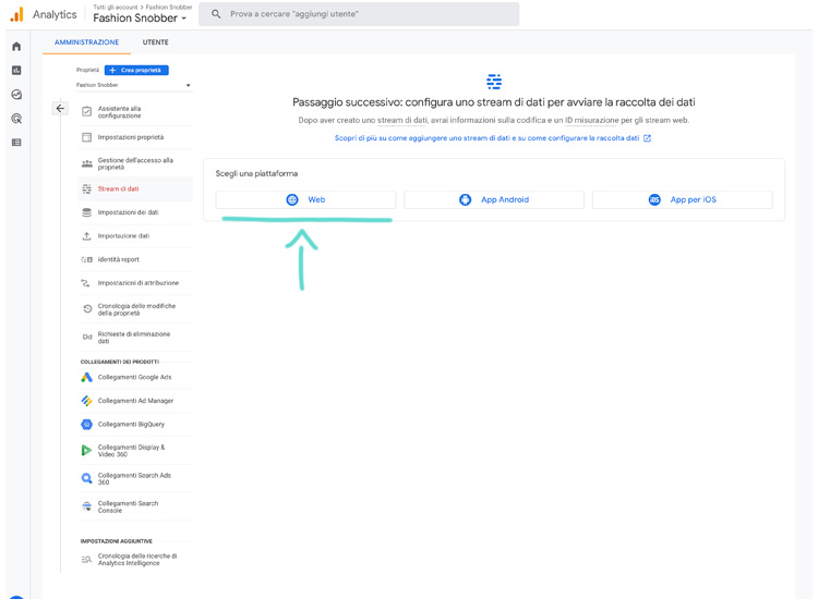 Configurare stream dati Google Analytics.