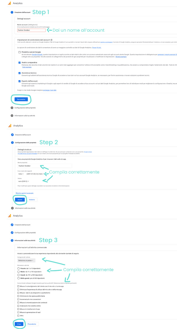 Creazione account Google Analytics.