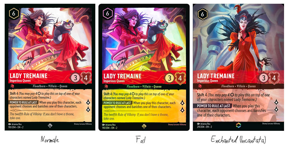 Carta Lady Tremaine normale, Foil e Enchanted di Disney Lorcana.