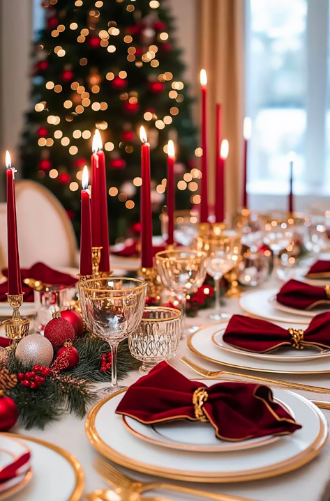 Christmas table gold and red.