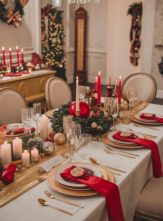 Apparecchiatura tavola di Natale rosso e oro.