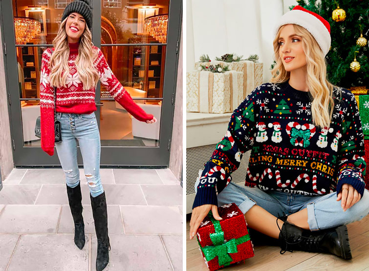 Outfit con maglione natalizio per un look casual e divertente.