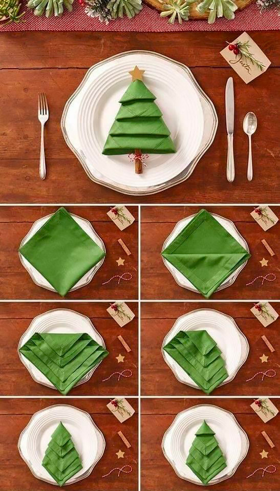 Tutorial su come piegare il tovagliolo a forma di albero di Natale.