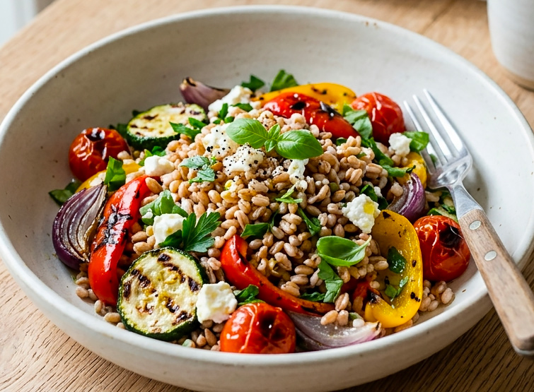 Ricetta estiva insalata di farro con verdure grigliate.