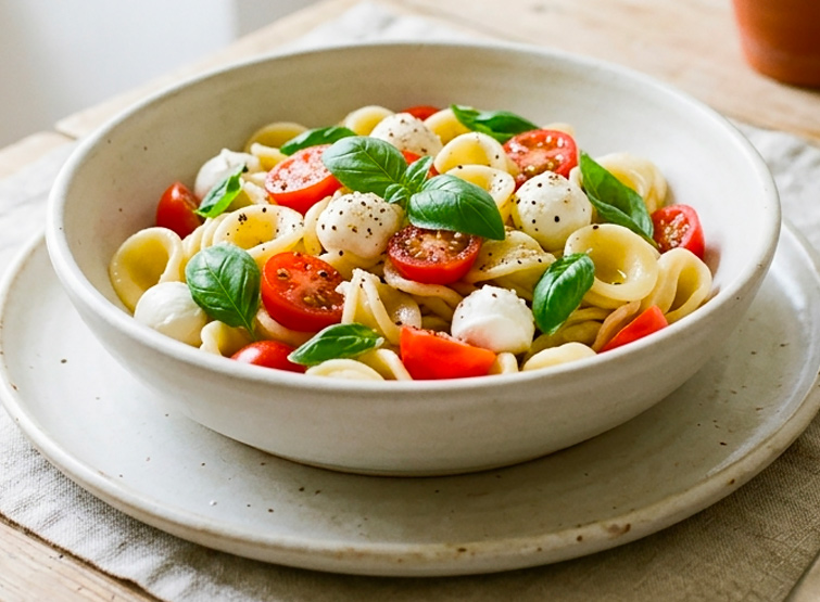 Ricette estive più amate: come preparare la pasta fredda con pomodorini, mozzarella e basilico.
