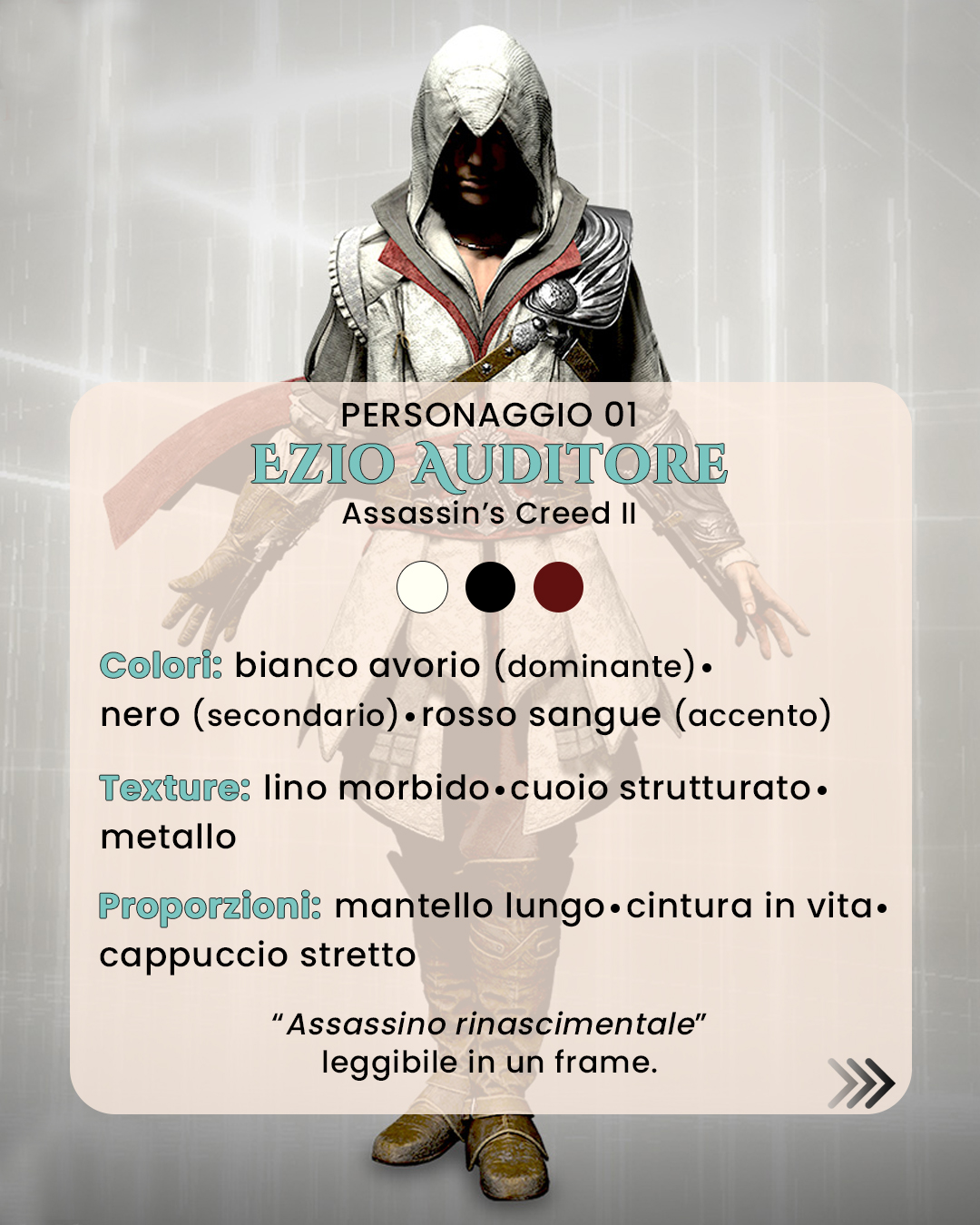 Analisi visiva Ezio Auditore Analisi visiva del personaggio Ezio Auditore di Assassin's Creed II.