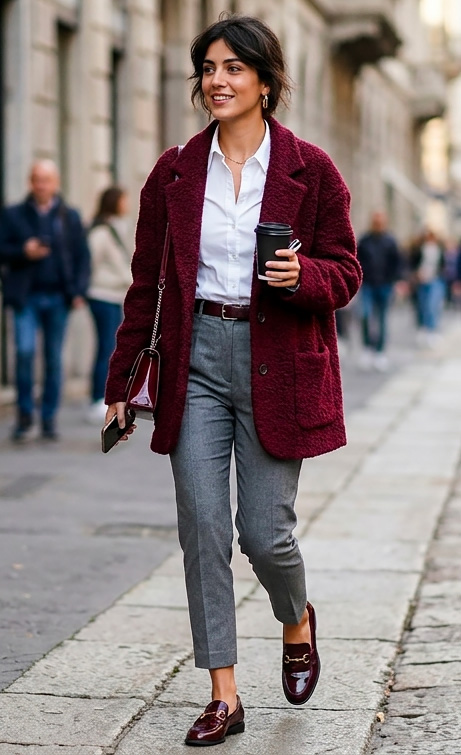 Outfit casual chic con accento bordeaux.