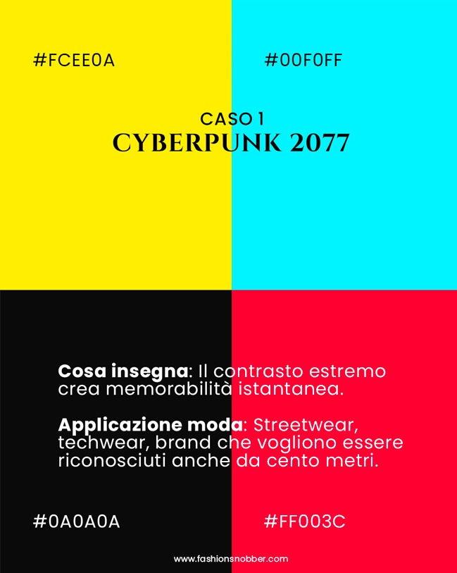 Cyberpunk 2077: il contrasto cromatico come arma di una palette colori per brand di moda.