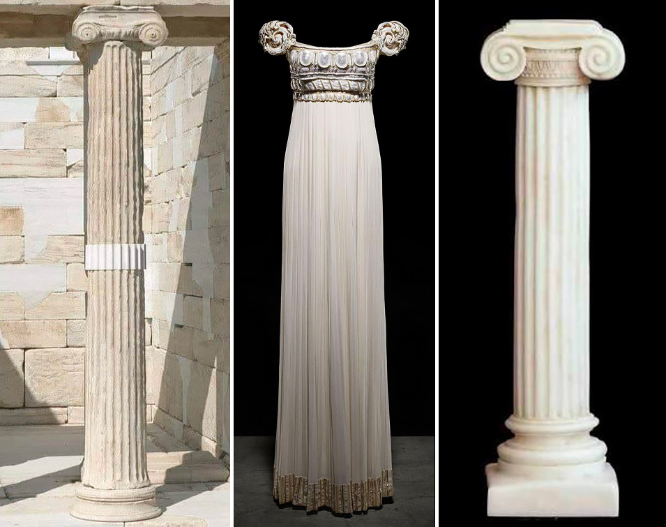 Il nome dell'abito Il Palladio del 1992 di Christian Dior viene dalle colonne palladiane dell'architettura greco-romana e l'abito stesso è costruito come una colonna ionica.
