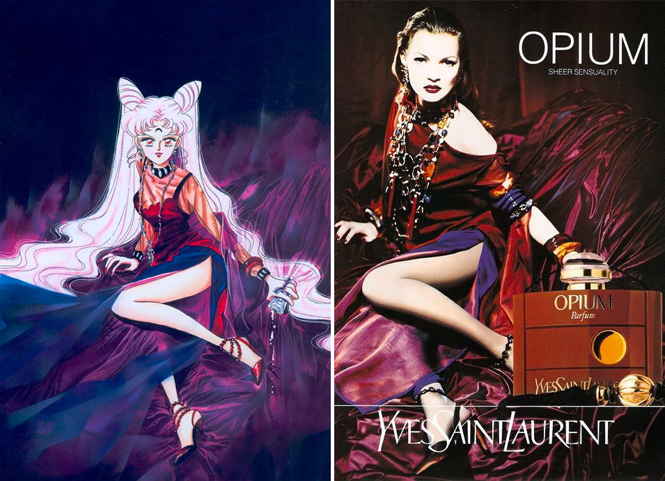 Sailor Moon e l'alta moda: Black Lady disegnata come nella pubblicità del profumo Opium di Yves Saint Laurent del 1991 in cui appare Kate Moss.