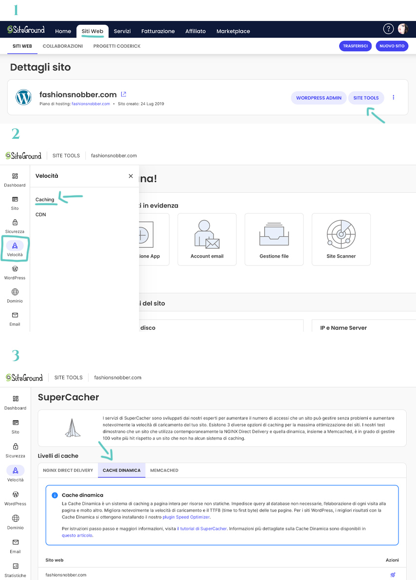 Come attivare la cache e ottimizzare la velocità su SiteGround.