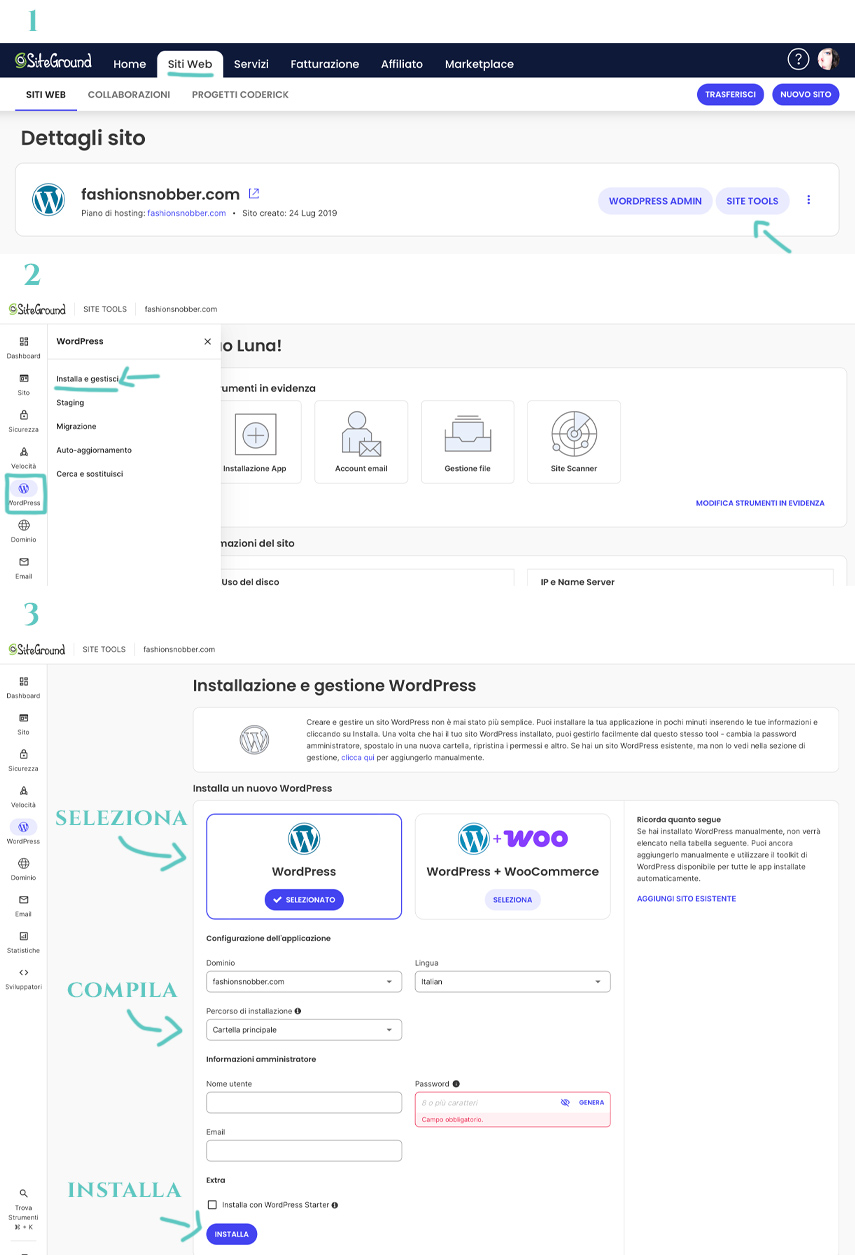 Come installare WordPress su un hosting di SiteGround.