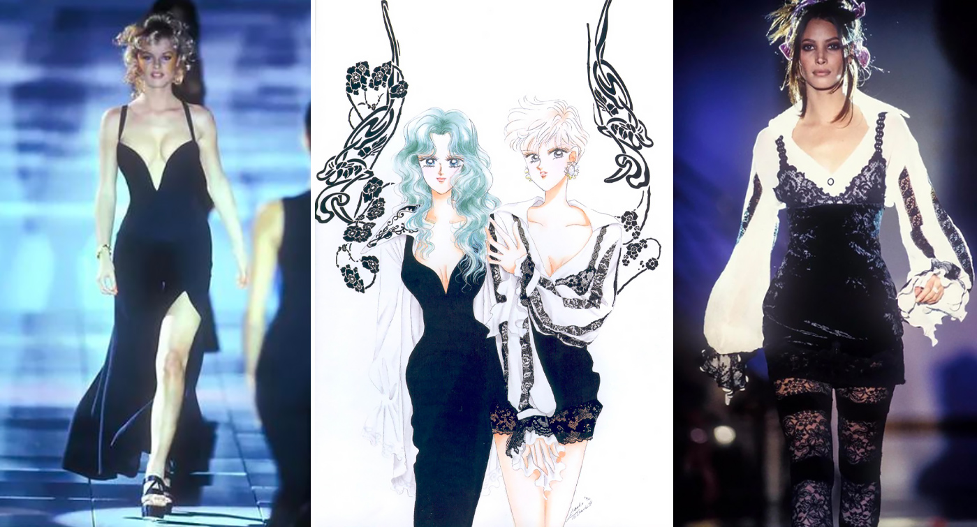 Sailor Neptune veste un abito Versace della primavera estate 1993 e Sailor Urano veste un abito Versace autunno-inverno 1993.