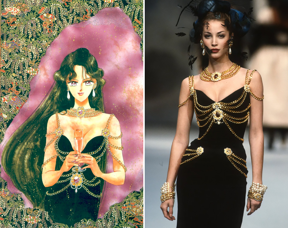 Abito Chanel primavera estate 1992 indossato da Sailor Pluto e Christy Turlington in passerella.