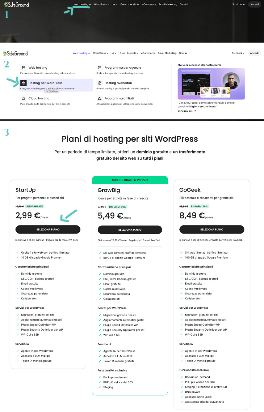 Come scegliere il piano hosting WordPress su SiteGround spiegato step by step.