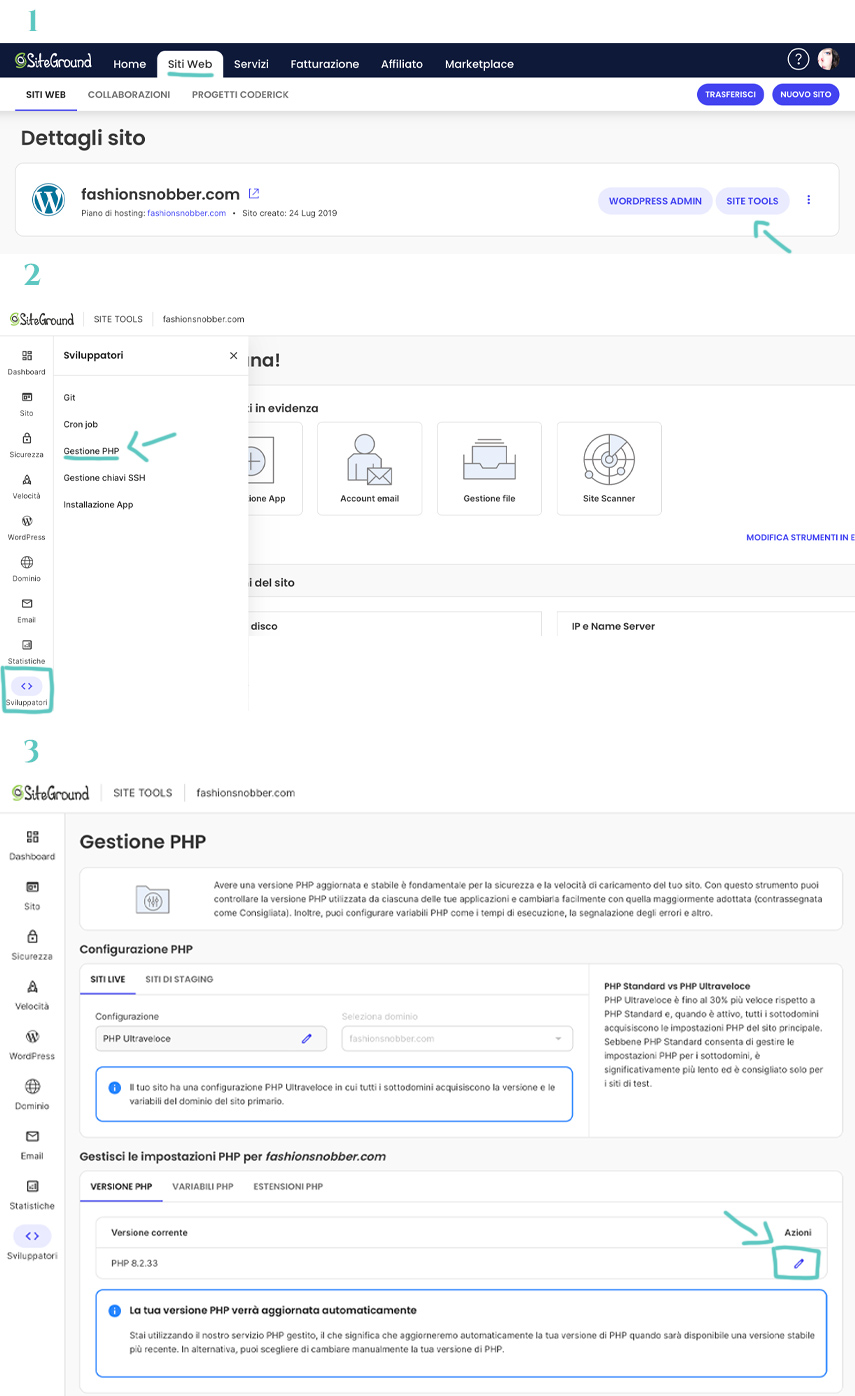 Come aggiornare all'ultima versione PHP un sito su SiteGround.