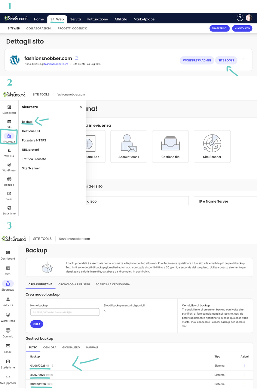 Come controllare si i backup del sito sono attivi su SiteGround e come farne uno nuovo.