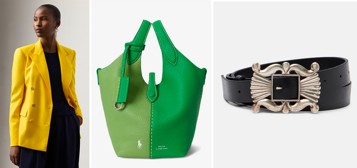 3 capi che potenziano un outfit neutro: blazer colorato, borsa particolare e cintura con fibbia scenica.