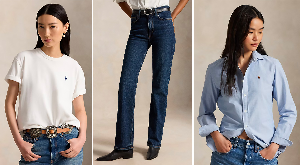 Tre capi minimal indispensabili che funzionano sempre: t-shirt bianca in cotone pesante, jeans dritti e camicia Oxford azzurra.